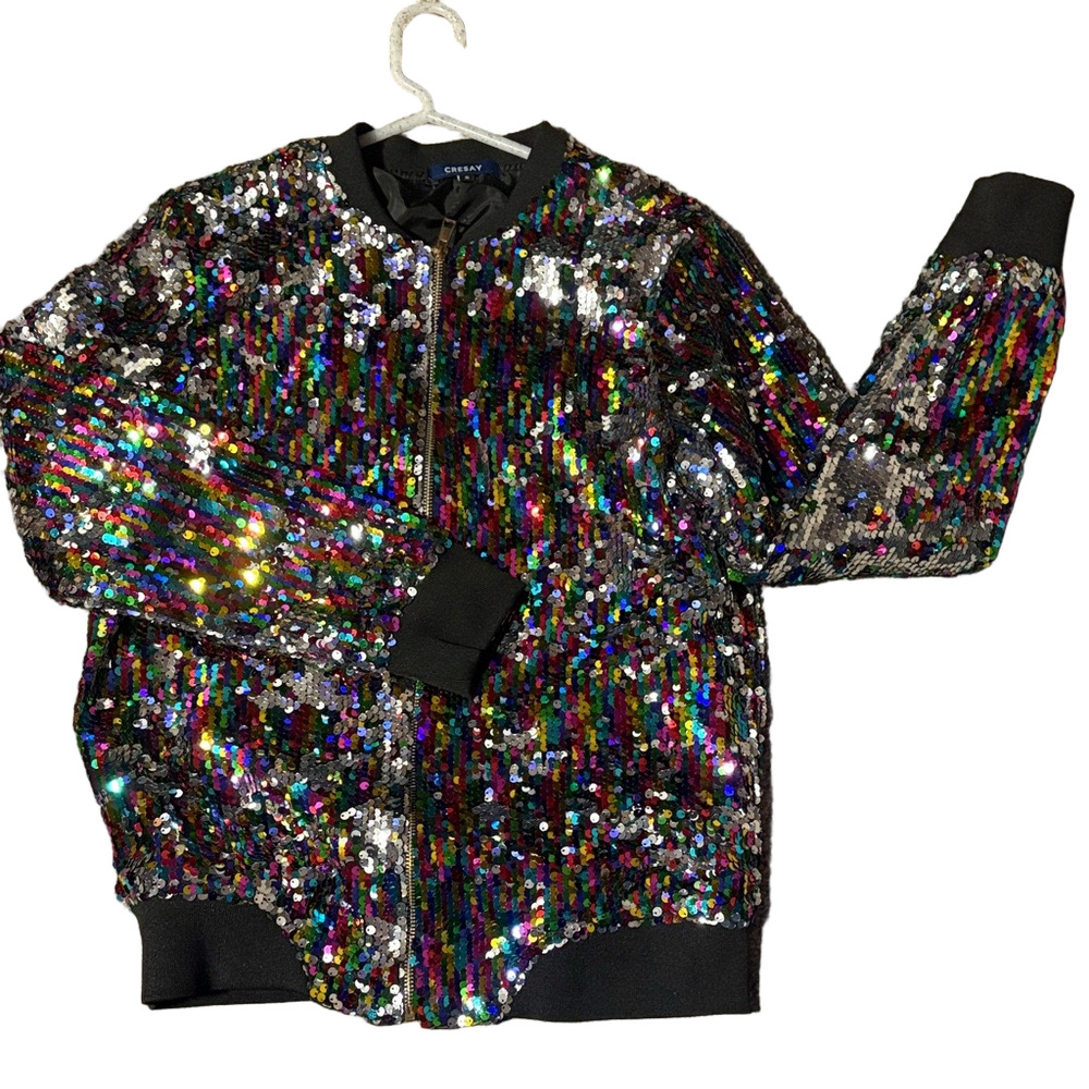 CRESAY Multicolor Sequin Bomber Jacket
